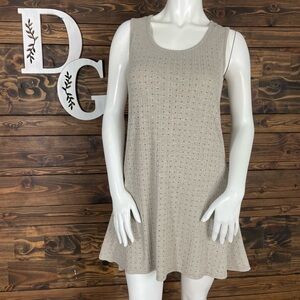 Liza Byrd | Sleeveless Tan Beige Ribbed Knit Swing Dress Rhinestone Bedazzled